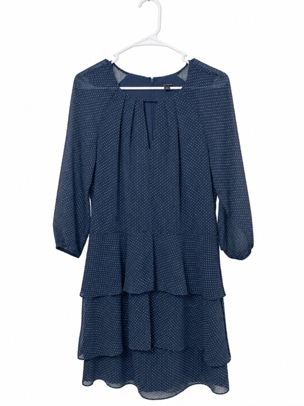 Ann Taylor Navy White Polka Dot Tiered Dress Size 4 Sheer Sleeves